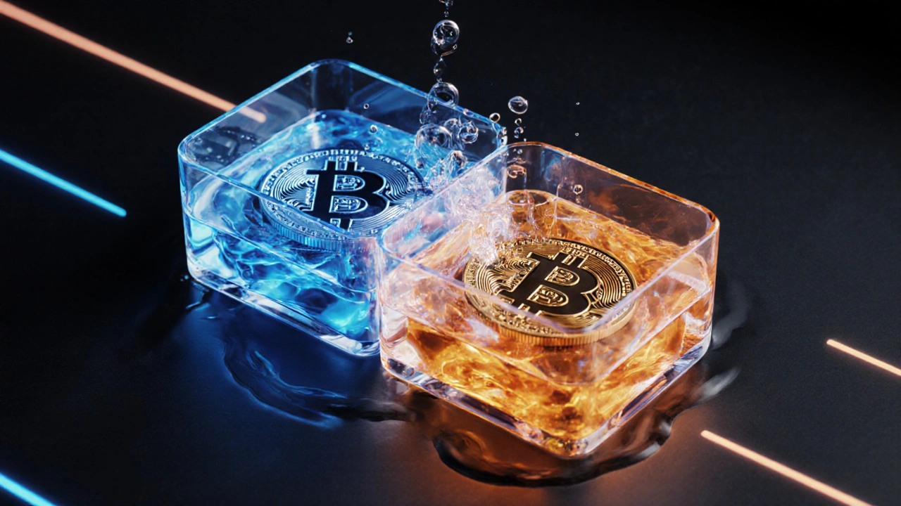 Glowing token reservoirs merging in a liquidity pool with swirling energy.