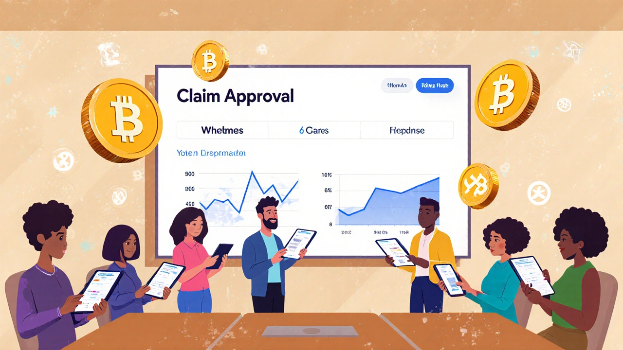 People voting on a crypto insurance claim using digital tablets.