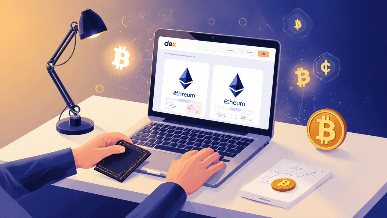 Person using laptop and hardware wallet to swap crypto on a DEX.