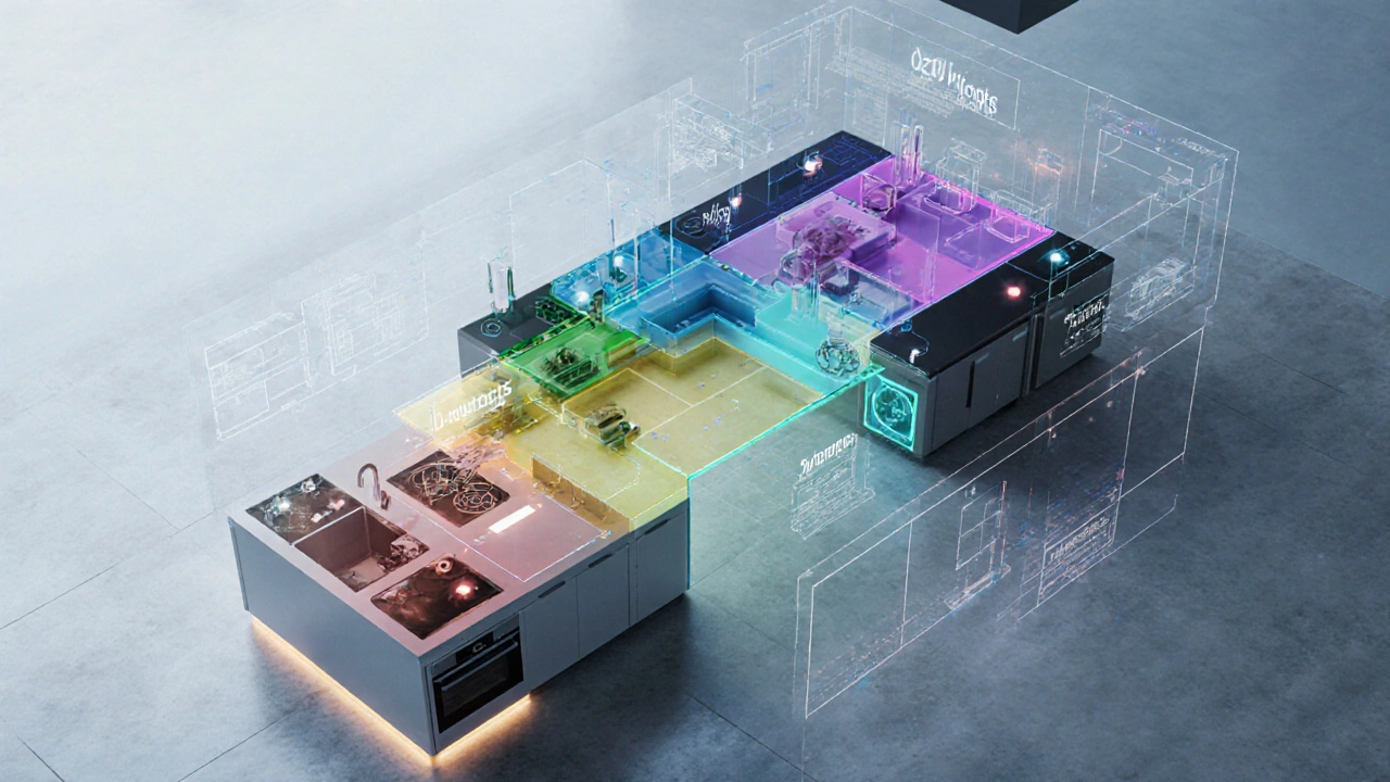 3D render of a future‑proof kitchen with zoning overlays and smart tech.