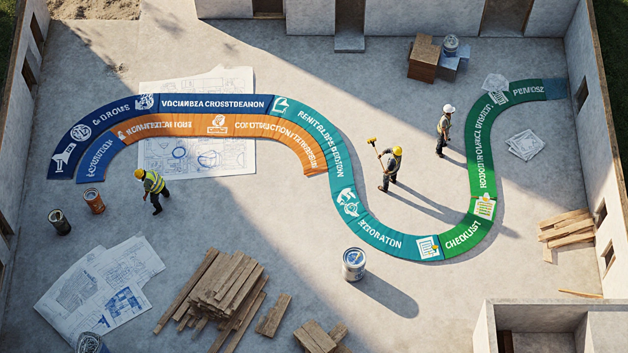 Construction site with workers, tools, and a visual timeline indicating planning, demolition, build, and inspection phases.