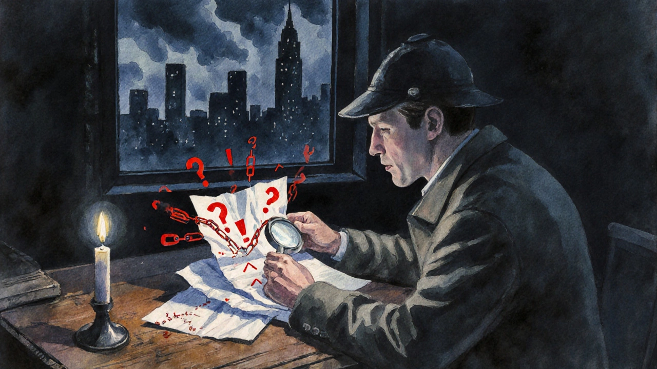 Detective figure examining a whitepaper by candlelight, revealing red warning symbols.