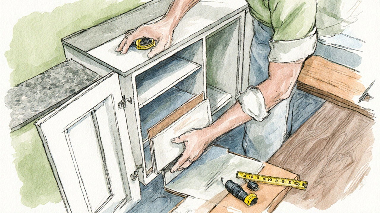 DIY scene with homeowner installing RTA cabinets and laying laminate countertop samples.