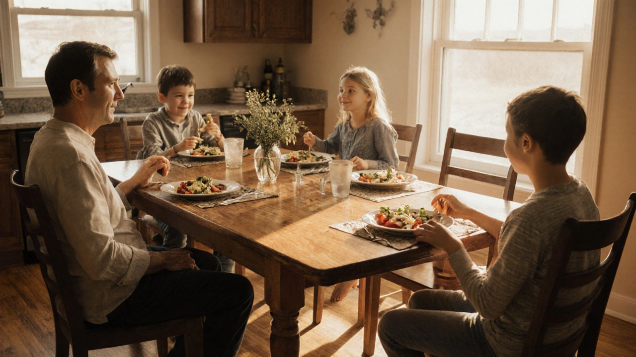 Family dining around a handcrafted Ethan Allen wooden table in warm light.