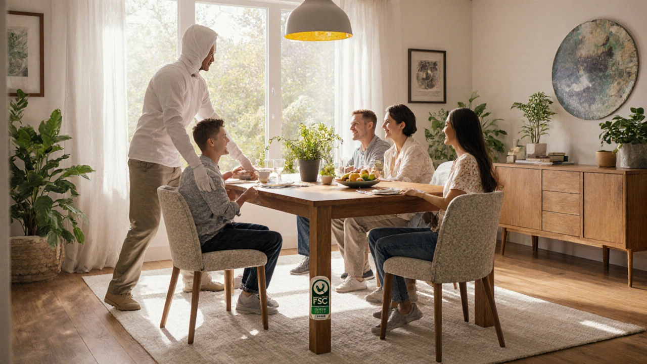 Family home with white‑glove delivery placing eco‑friendly dining set in bright room.