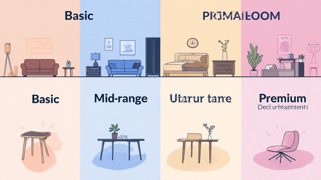 Four rooms displayed with basic, mid‑range, and premium furniture examples side by side.