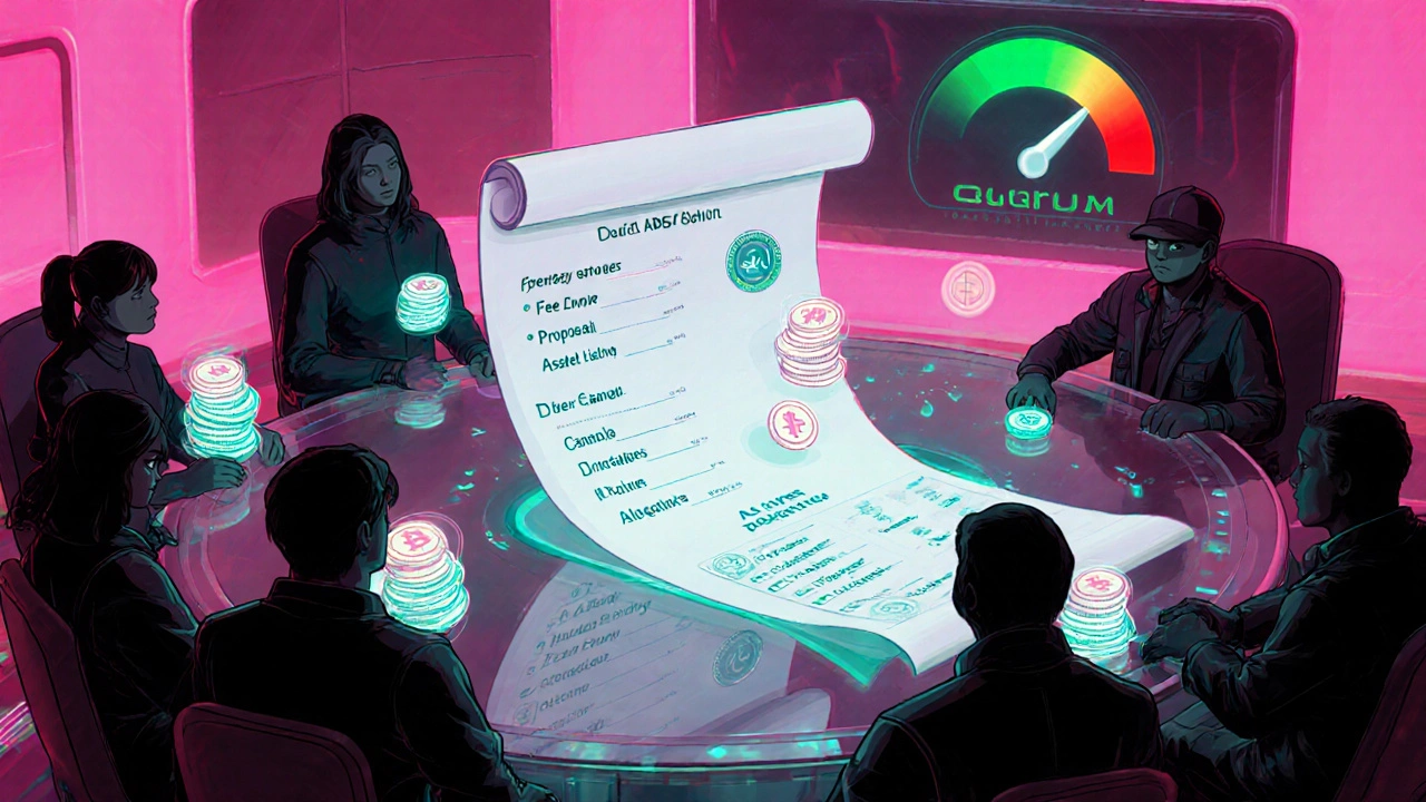 Futuristic DAO chamber with holographic proposal and avatars showing voting power.