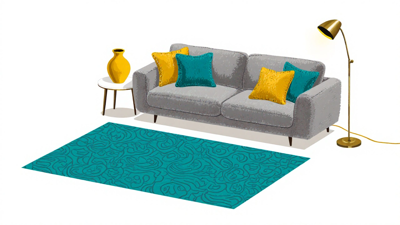 Gray sofa with teal rug, mustard vase, colorful pillows, and brass lamp in a modern illustration.