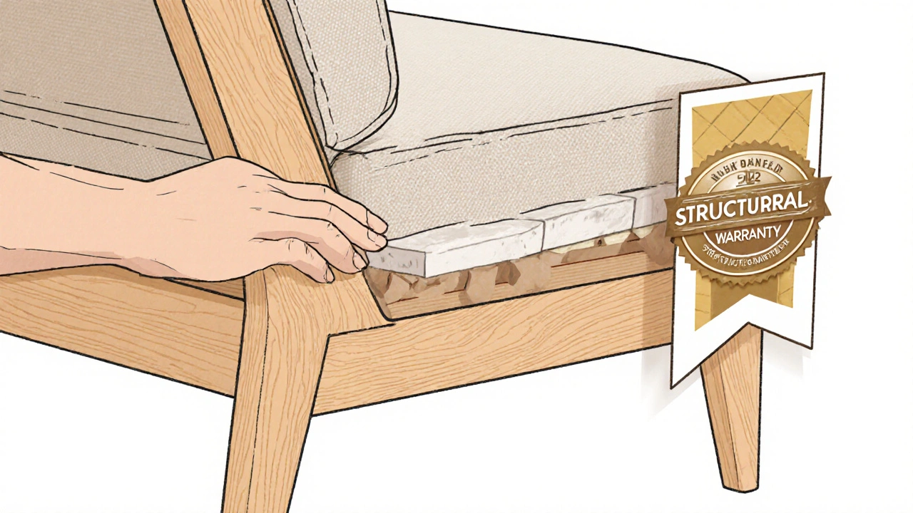Hand examining solid‑wood frame with foam cushion cutaway and warranty badge.