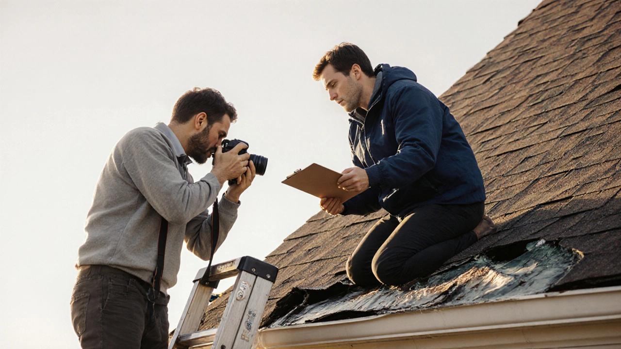 Homeowner photographing roof damage while an adjuster inspects it.