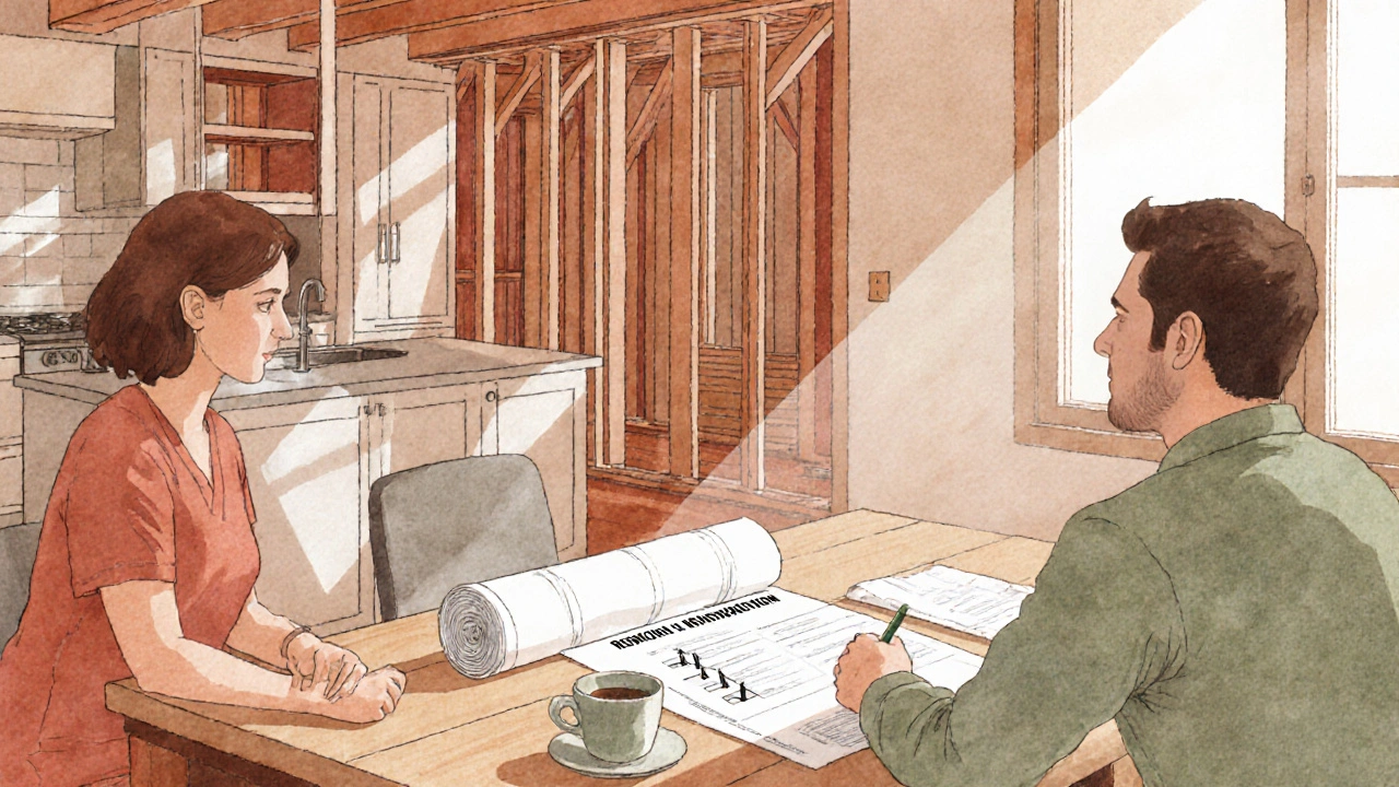 Homeowner reviewing plans with a contractor, a checklist and permit documents on a table.