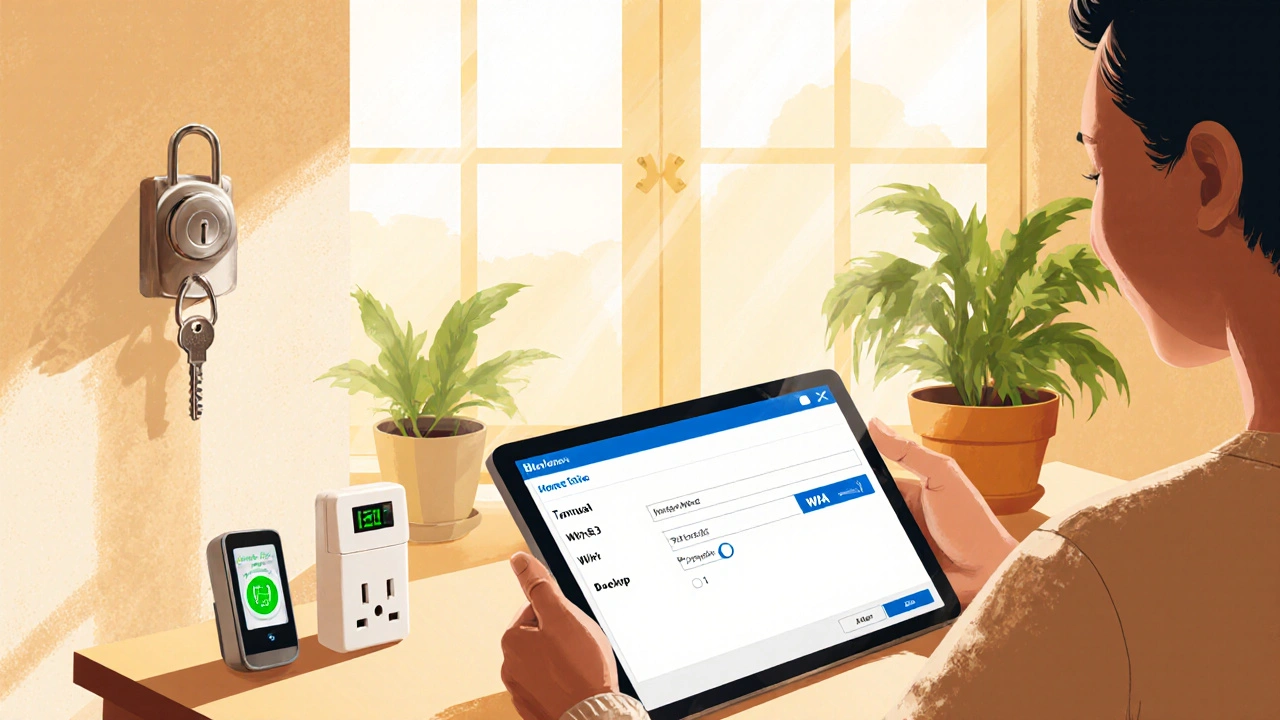 Homeowner setting up a secure network and monitoring energy use with a smart plug.