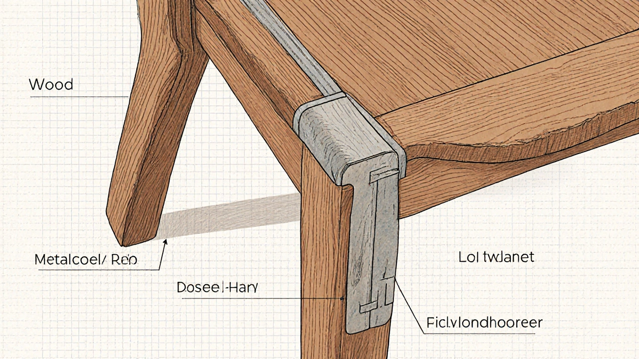 Illustrated cutaway of a wooden chair revealing dovetail and mortise‑and‑tenon joints with metal brackets.