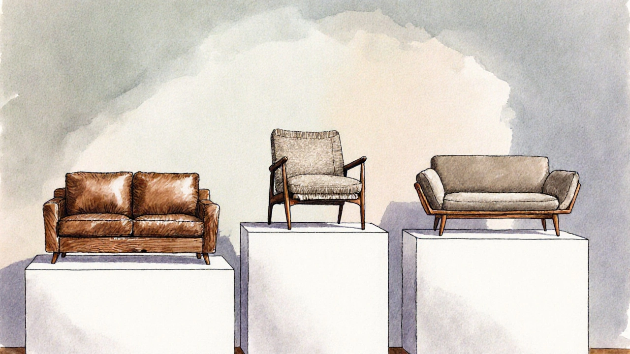 Illustrated lineup of five brand furniture pieces highlighting material textures.