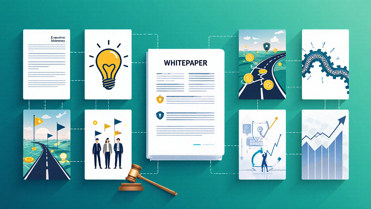 Illustrated storyboard showing whitepaper sections like executive summary, tokenomics, roadmap, and team.