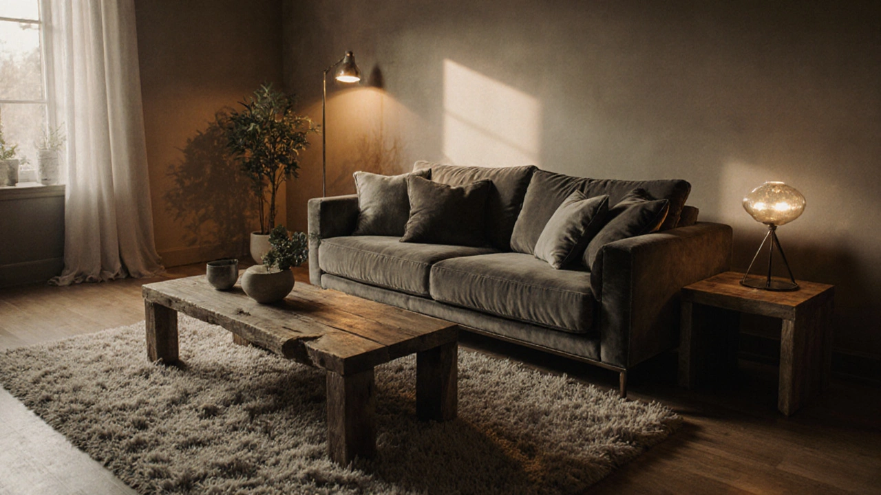 Living room with a designer sofa and a modest coffee table, warm lighting creating a balanced look.