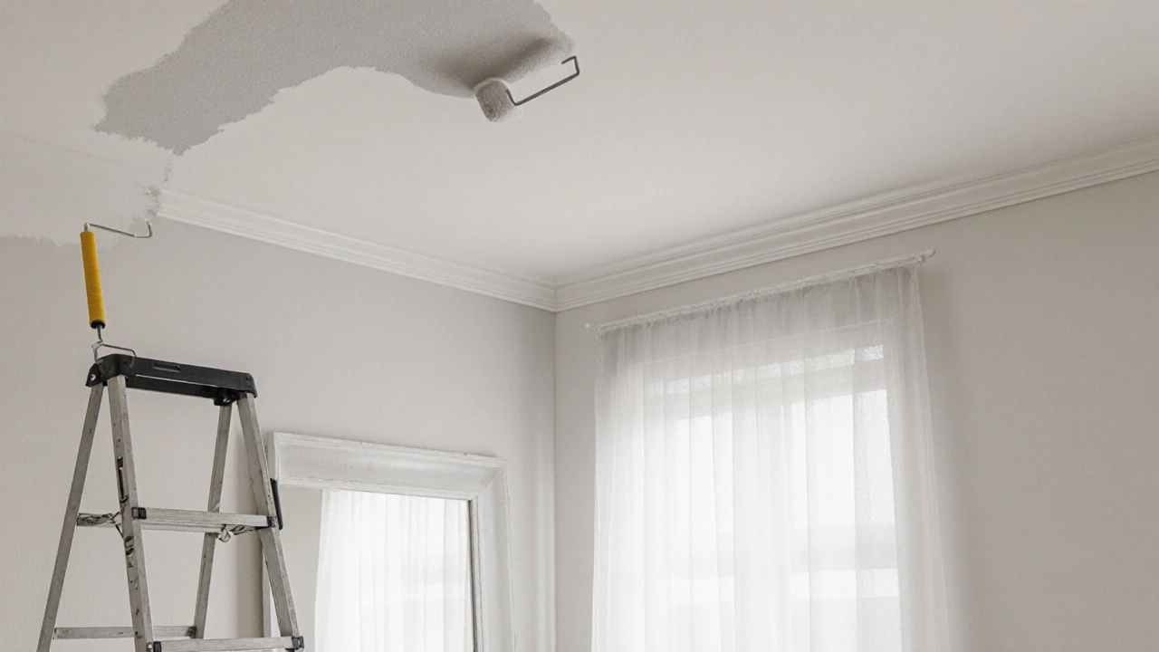 Minimalist scene of a painter applying matte paint, lighter ceiling, and a mirror reflecting daylight in a tiny room.