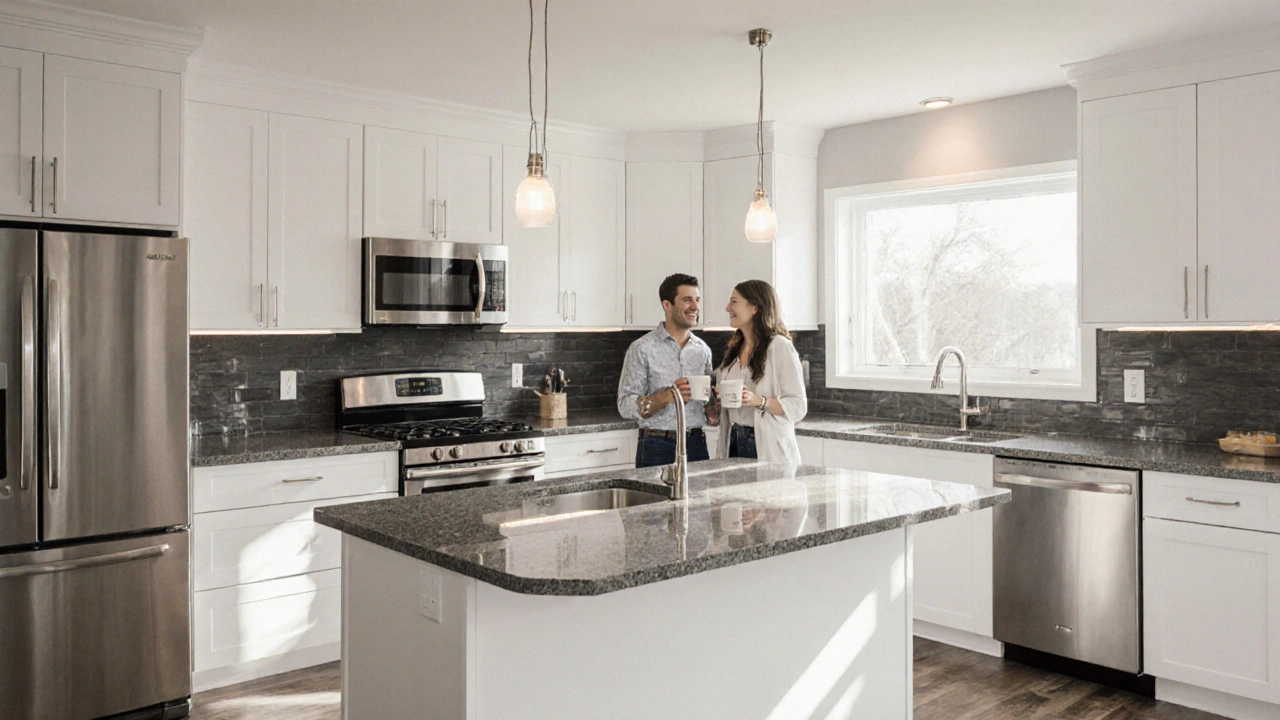 Modern renovated kitchen with white cabinets, gray laminate counters, and new appliances.