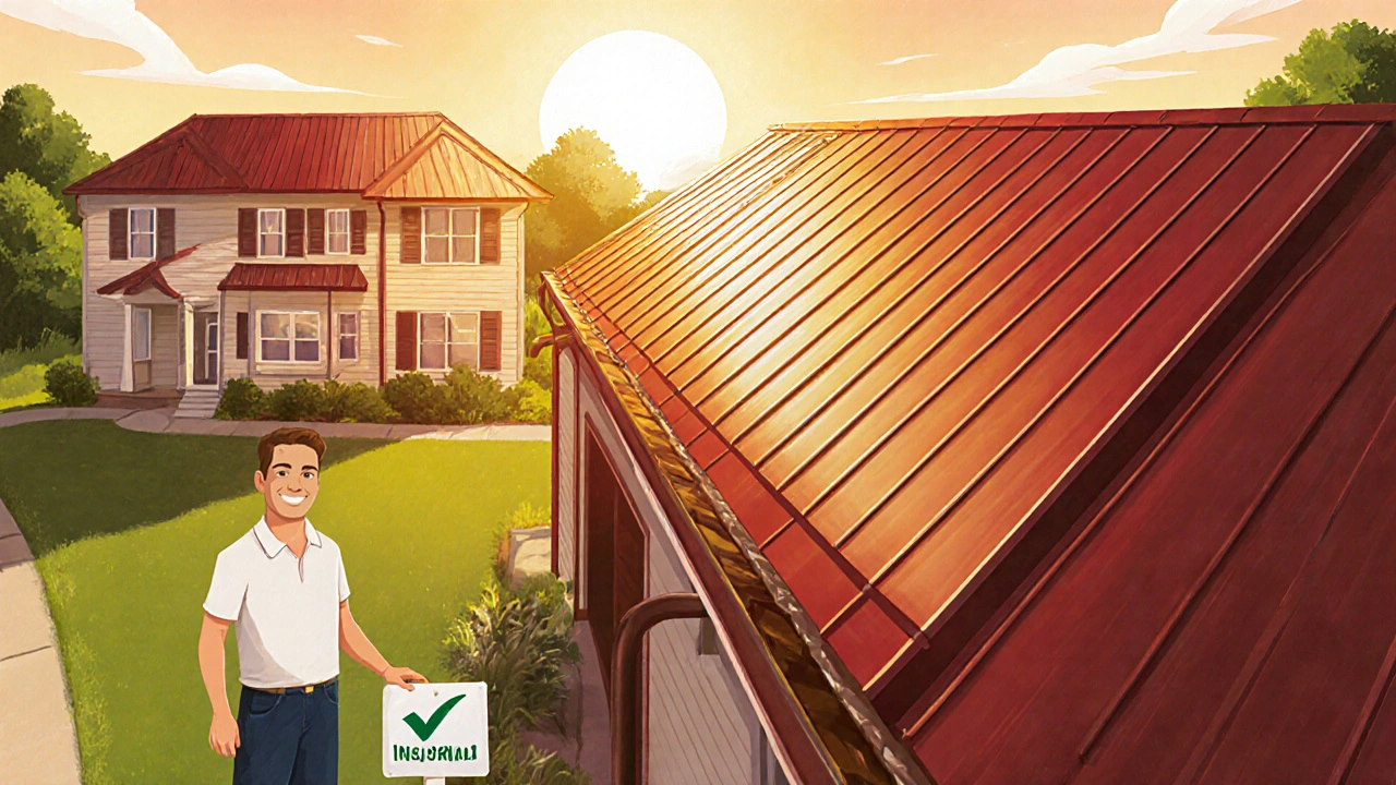 New metal roof sparkling in sunshine with a happy homeowner nearby.