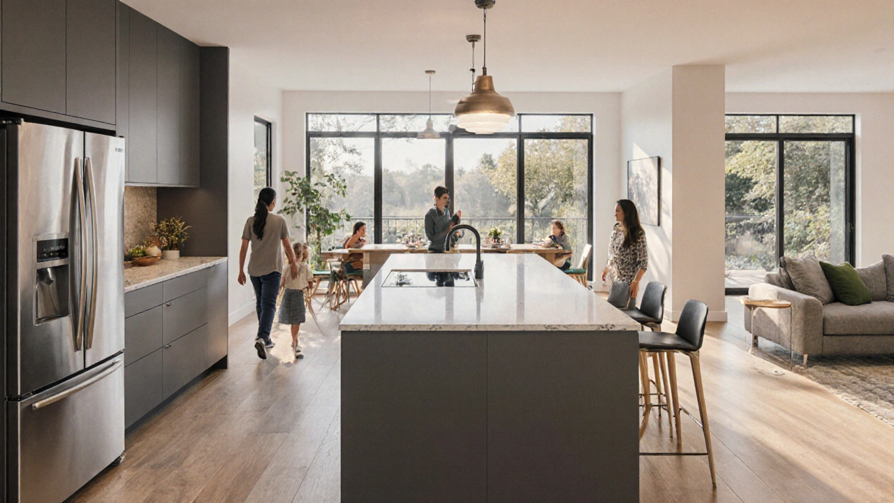 Open‑concept kitchen with island, adjustable countertops, and smart appliances.