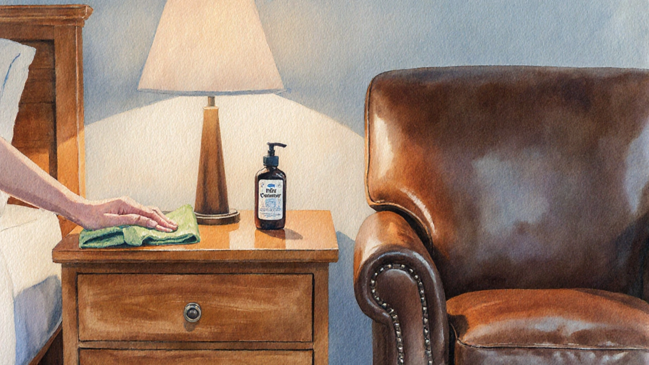Person polishing a leather sofa and dusting a wood table, highlighting maintenance tools.