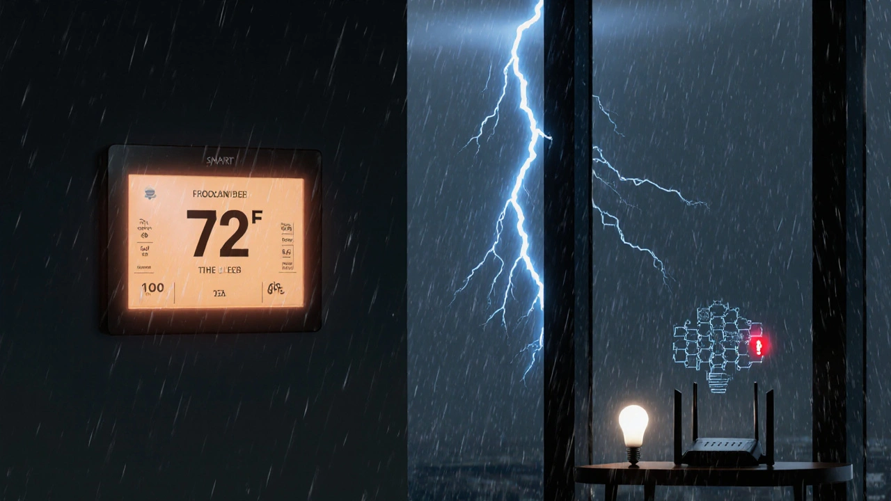 Stormy night view of a smart thermostat stuck at a temperature while lights flicker.