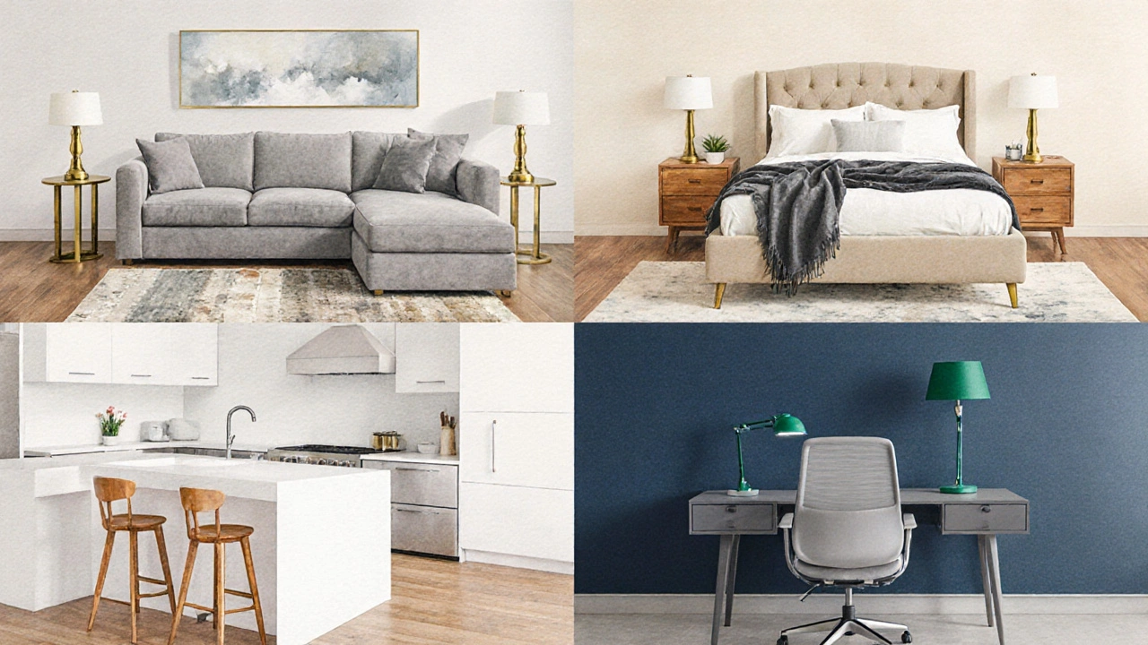 Watercolor collage of living room, bedroom, kitchen, and office each featuring neutral furniture colors.