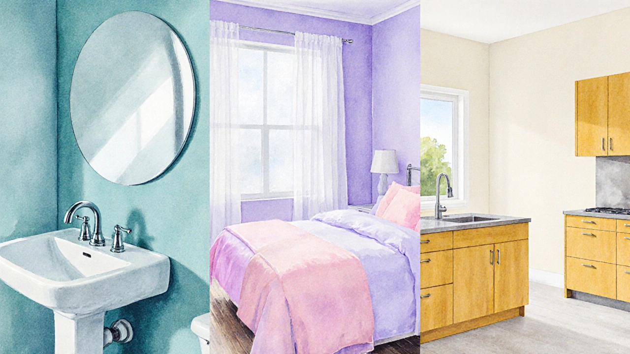 Watercolor illustration of three rooms painted in cool blue, pastel lavender, and warm white, each looking spacious.