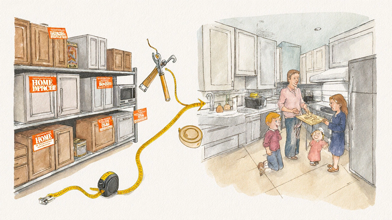 Watercolor illustration showing kitchen materials transforming into finished space