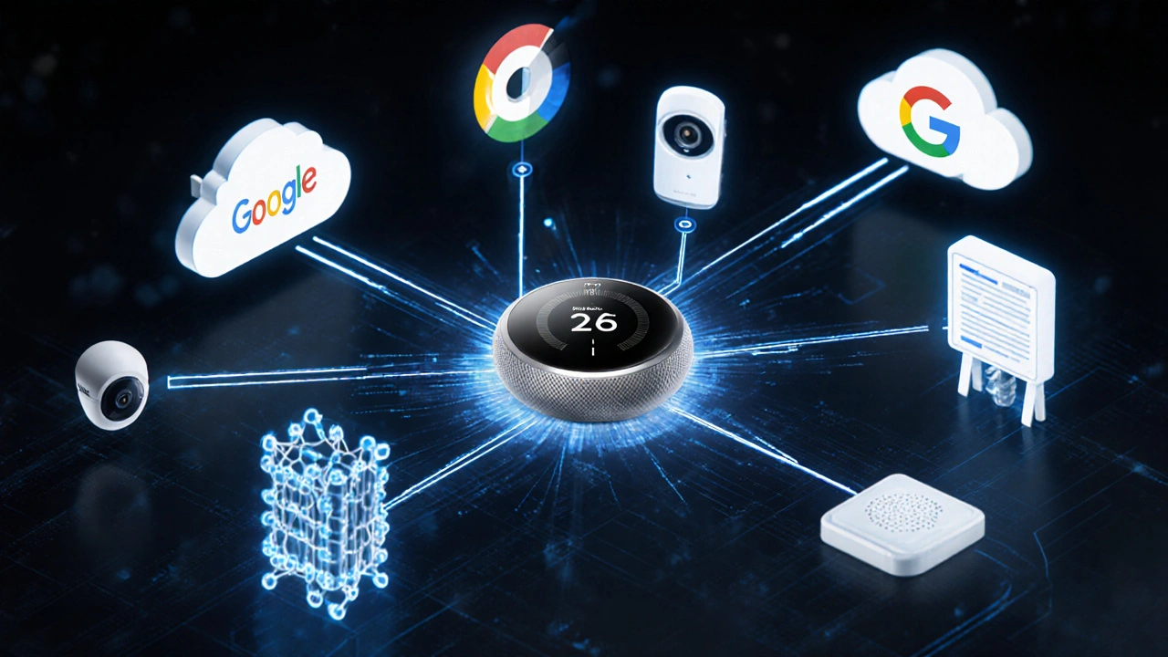 A central Nest thermostat connected by glowing data lines to Google logos and AI networks.