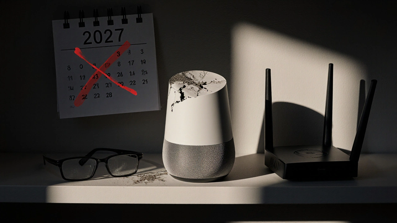 A discarded Google Home device next to other discontinued tech, with a Wi-Fi router fading out in the background.