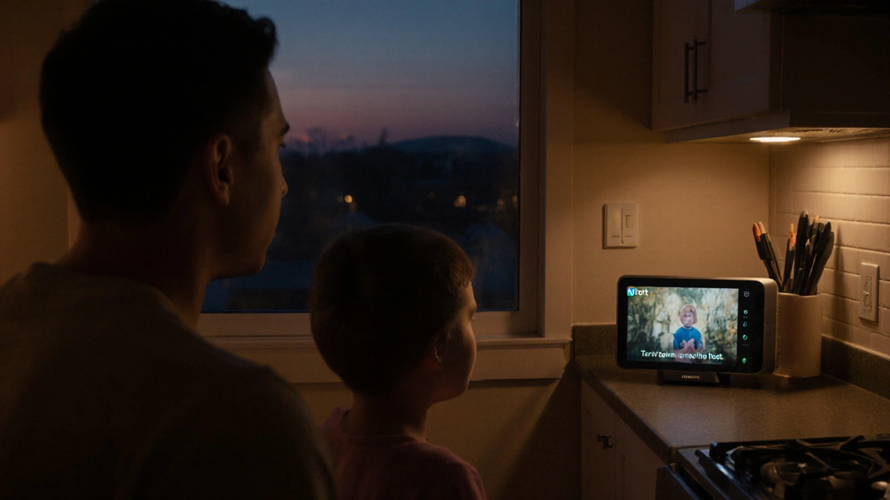 A family in a kitchen as a Nest thermostat responds to a voice command from Google Assistant.