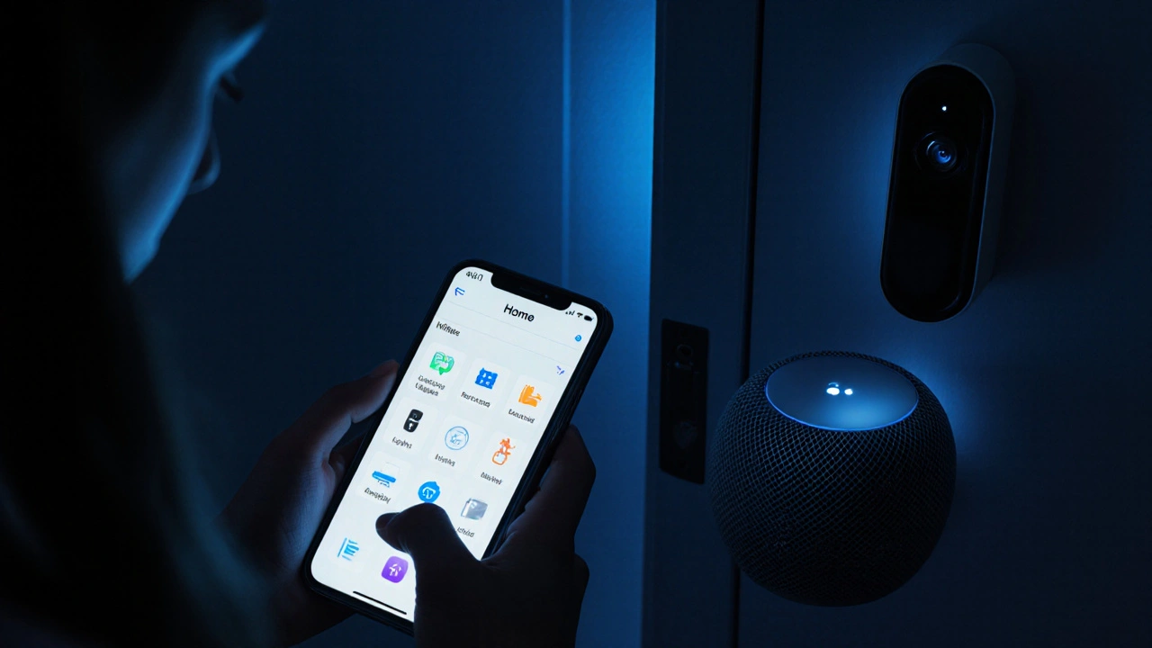 A family using Apple HomeKit to control lights and locks, with HomePod and iPhone displaying the smart home app.