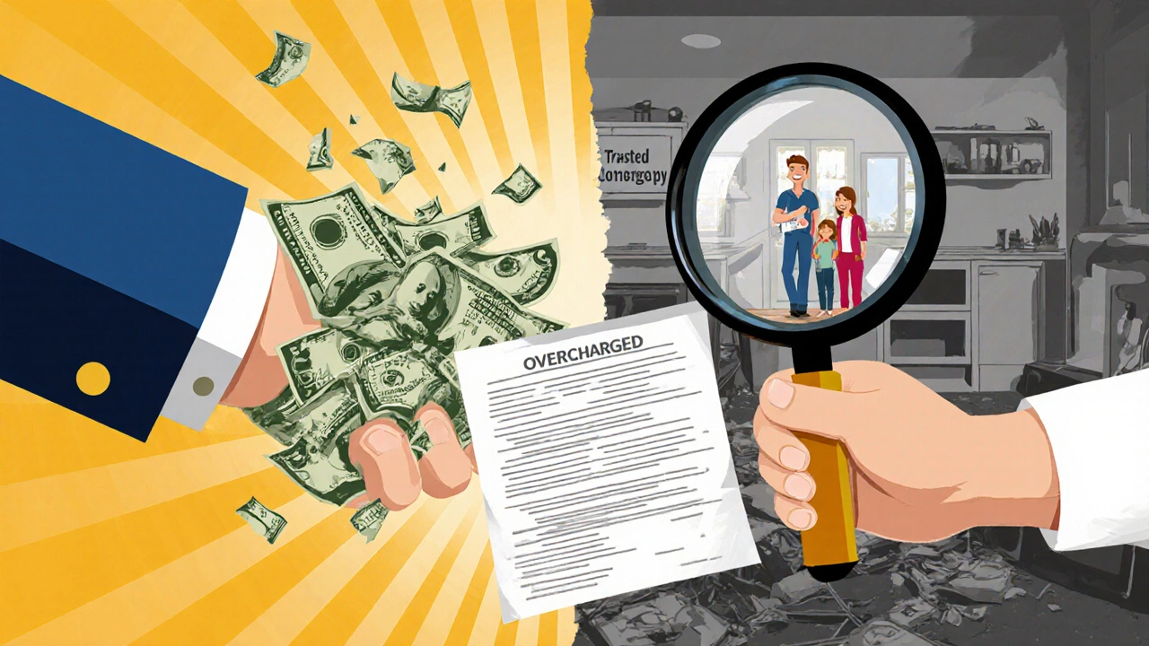 A handshake where one hand is made of falling money, while the other holds a magnifying glass over a contract.