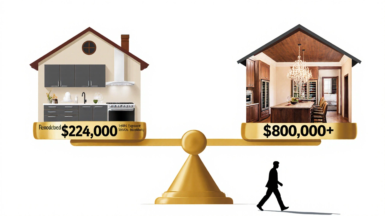 A house on a scale tipping under the weight of an oversized renovation.