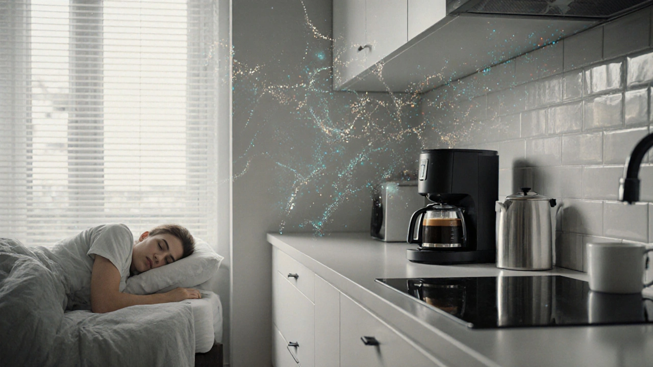 A kitchen at dawn with smart kettle and coffee maker activating automatically based on daily routine.