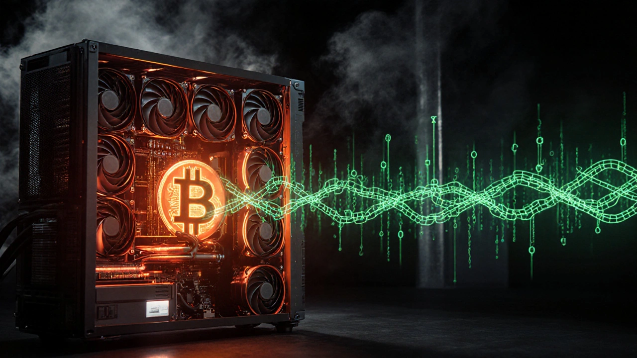 A miner&#039;s rig with glowing hashes and a blockchain chain extending into the distance, illuminated by intense red and orange light.