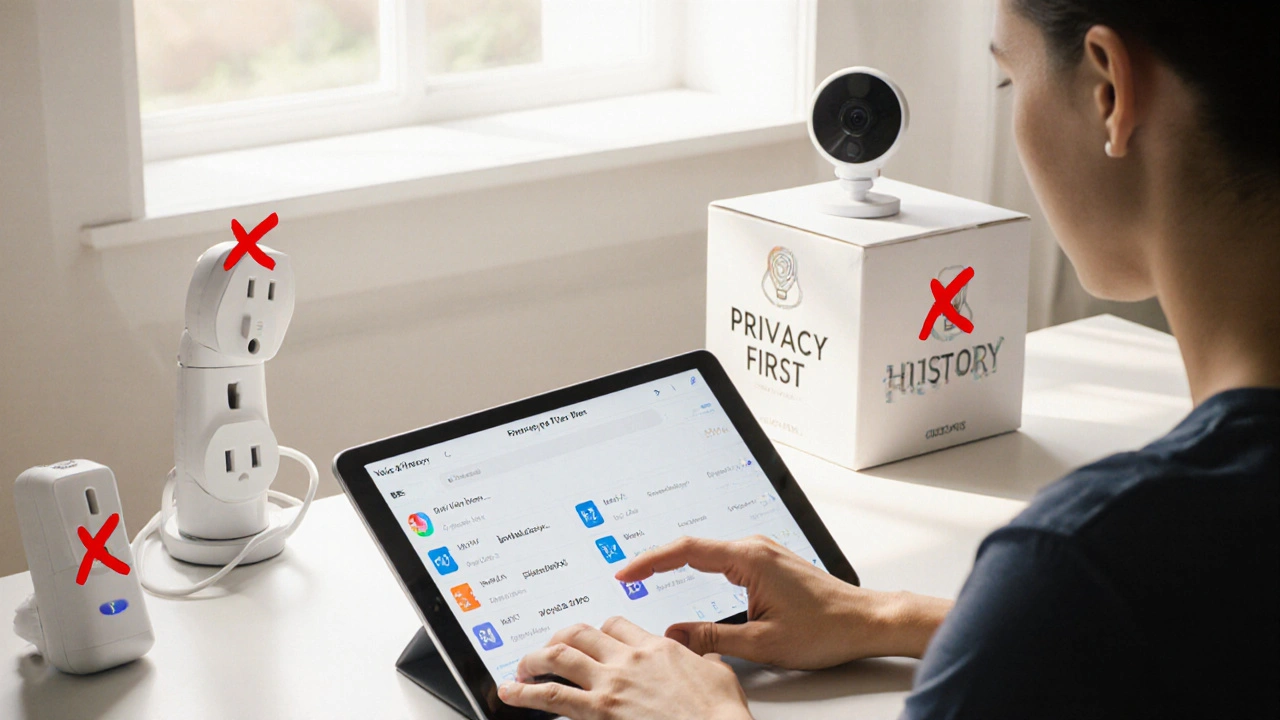 A person deleting smart home data on a tablet, surrounded by devices marked with privacy X&#039;s and one unplugged.
