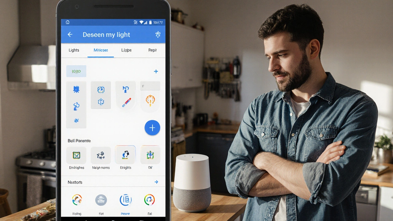 A person frustrated in a kitchen as Google Home turns on the wrong lights, with multiple smart home apps visible on a phone.
