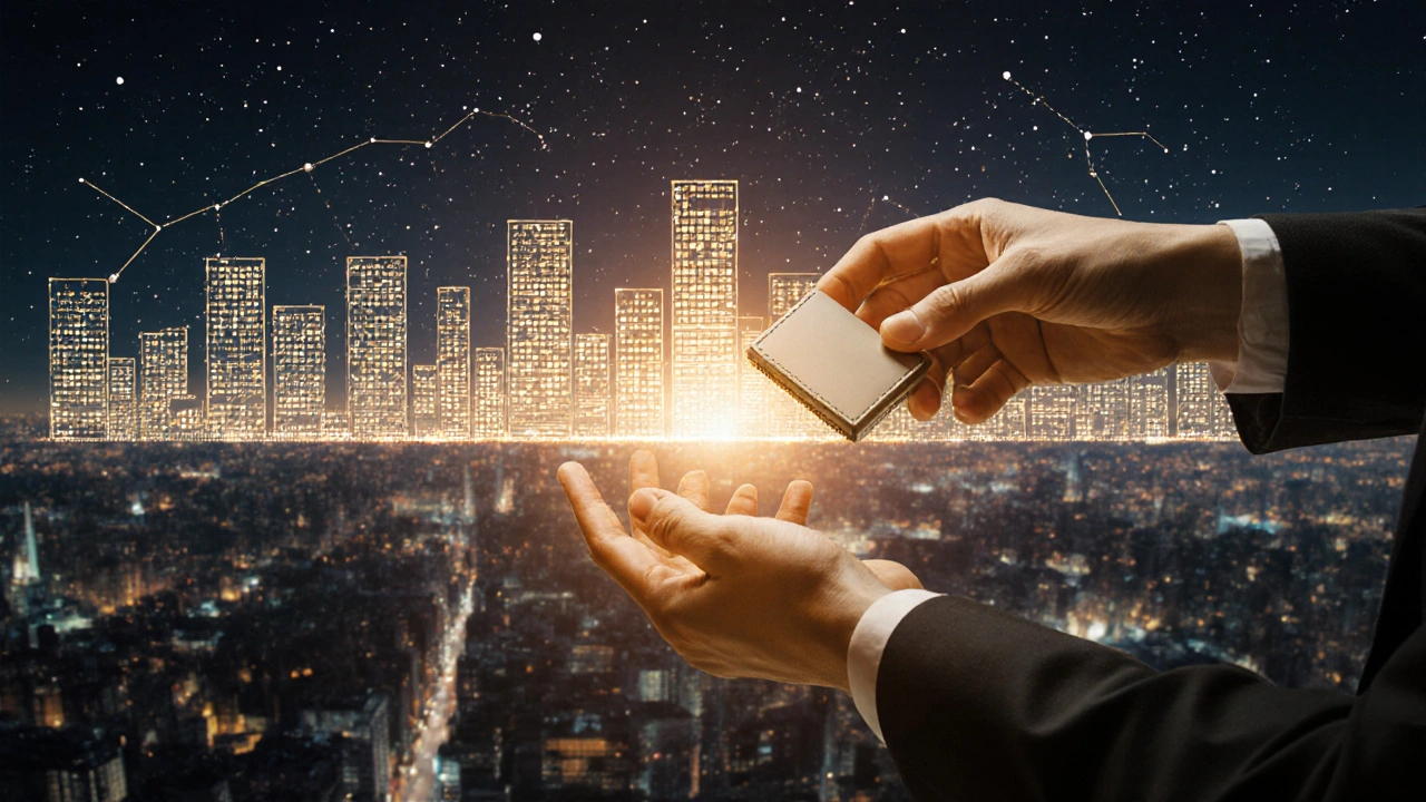 A person holding a hardware wallet as a floating blockchain ledger spans a city skyline, symbolizing decentralized ownership.