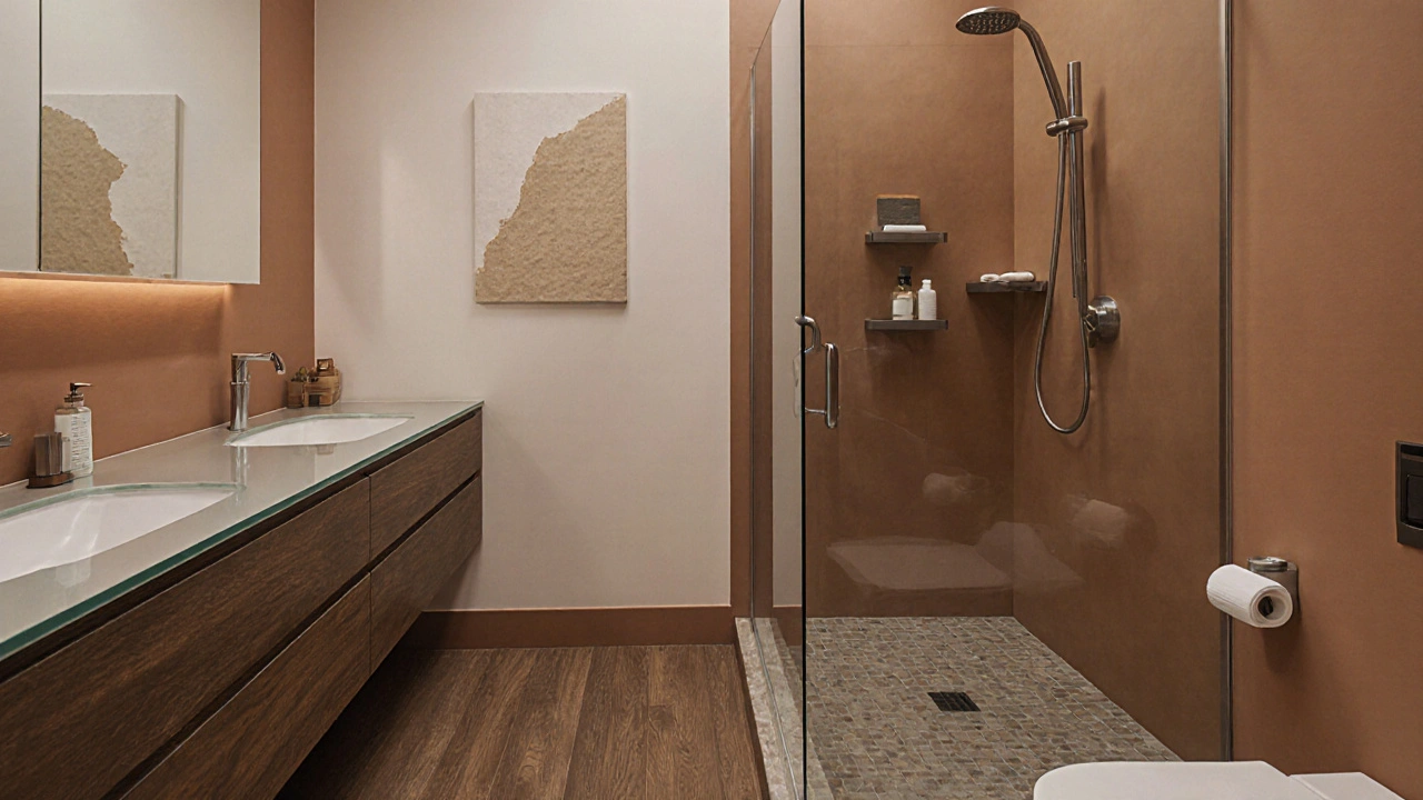 A small, sustainable bathroom with wood-look vinyl flooring, terracotta walls, and minimalist fixtures.