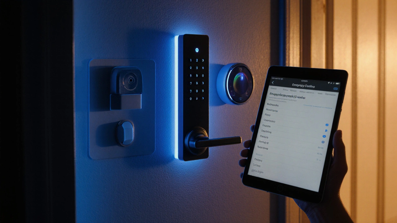 A smart home control panel operating offline during a power outage with functioning devices.