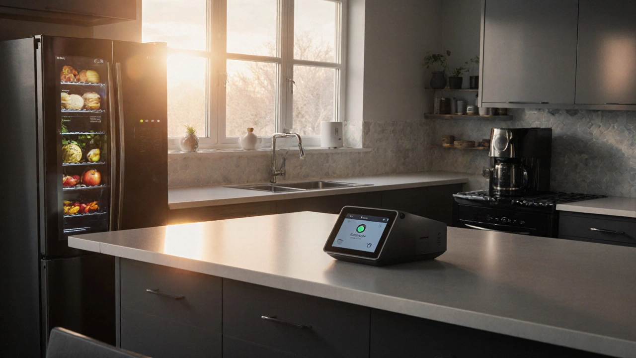 A smart kitchen with Samsung appliances, hub, and energy-monitoring plug under natural morning light.