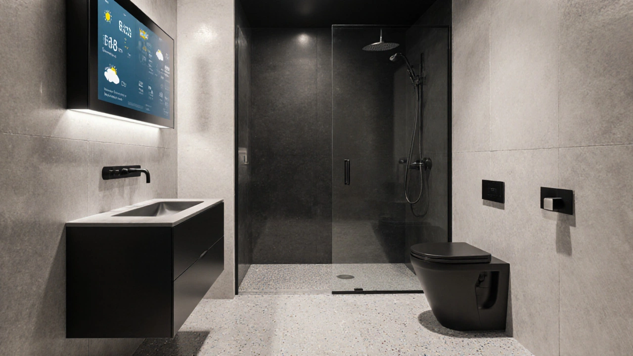 A smart mirror displaying health data above a high-tech shower with matte black fixtures and concrete flooring.