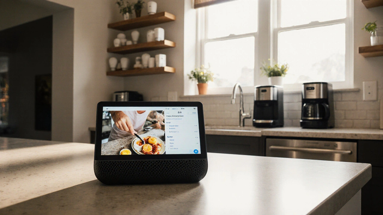 An Amazon Echo Show 10 rotating to follow a person cooking breakfast.