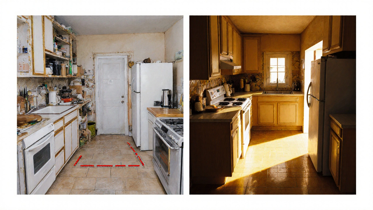 Before-and-after concept of a kitchen renovation: chaotic old layout on left, optimized triangle layout on right with improved flow and lighting.