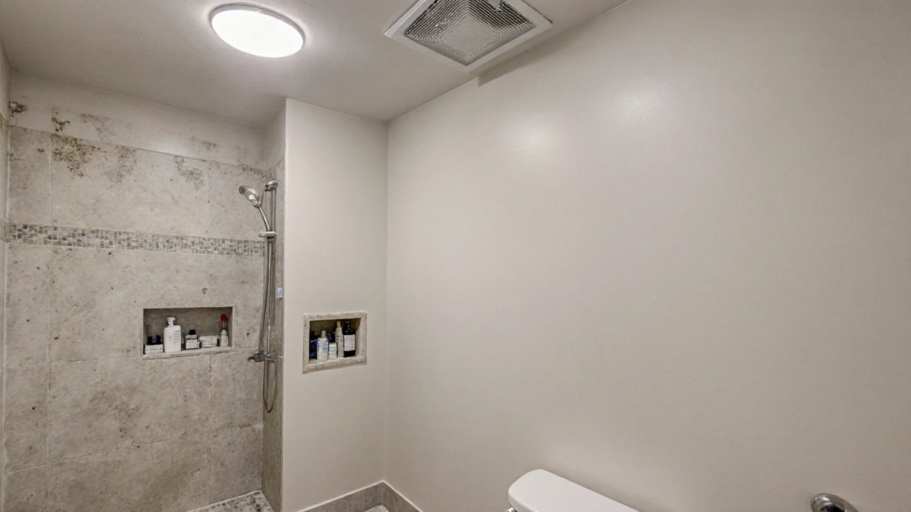 Clean bathroom with ceiling exhaust fan, recessed shower niche, and dual-flush toilet, no mold or clutter.