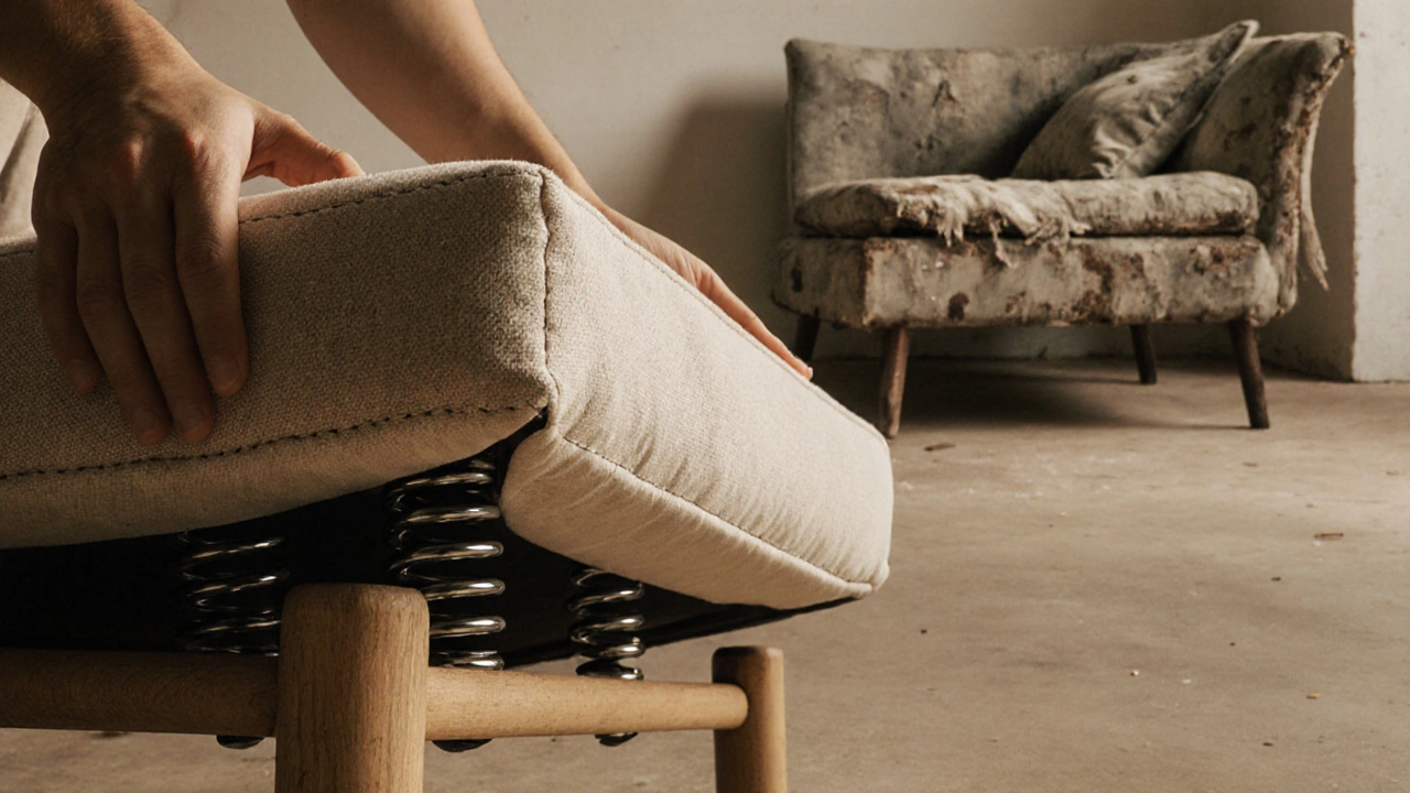 Close-up of a sofa cushion underside showing sturdy springs and clean stitching, with a worn-out sofa in the background.