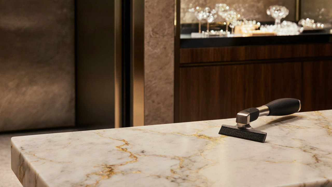 Close-up of hand-polished marble and hidden luxury details like elevator and jewelry case.