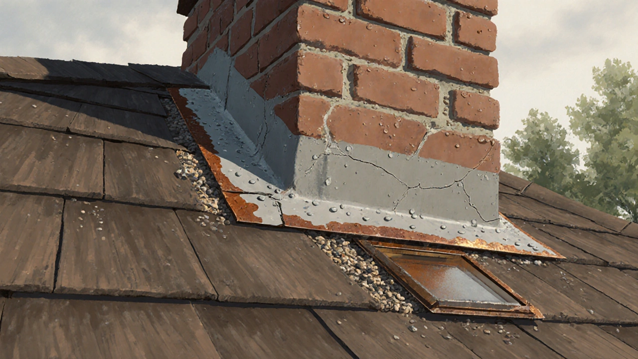 Close-up of rusted chimney flashing with cracked sealant and shingle granules nearby.